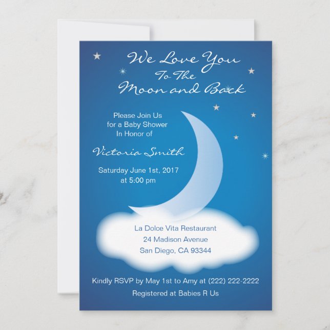 Invitación Te Amo a la Luna y de Regreso Baby Shower - Azul (Anverso)