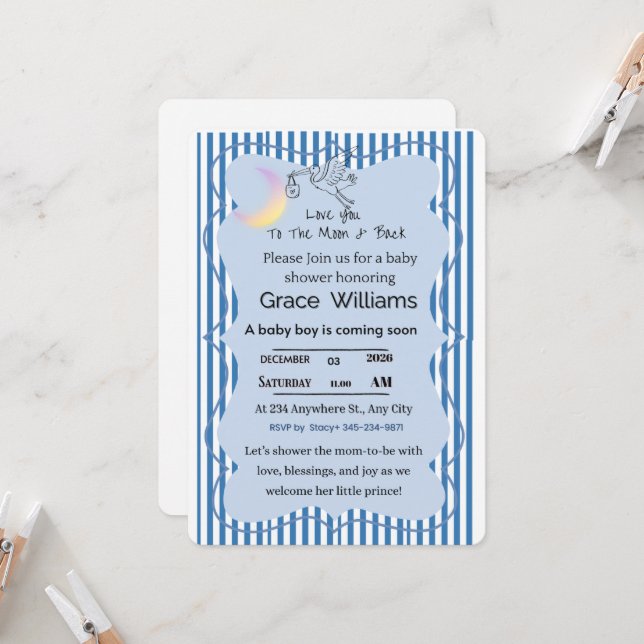 Invitación Te Amo a la Luna y de Regreso Bebe Niño Cumpleaños (Anverso/Reverso In Situ)