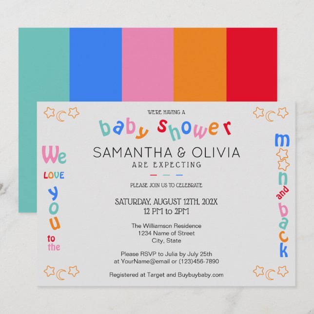 Invitación Te amo a la luna y de vuelta LGBTQ+ Baby Shower I (Anverso / Reverso)