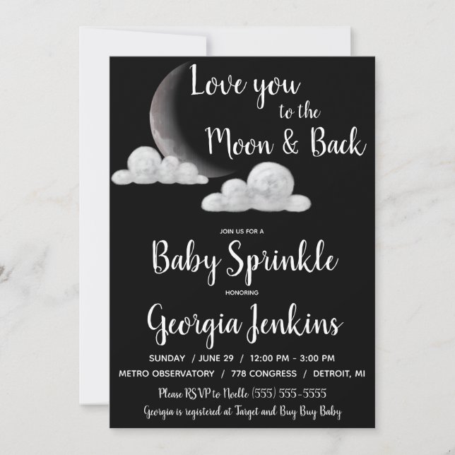 Invitación Te amo al Baby Shower de la Luna y la espalda (Anverso)