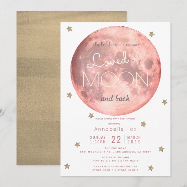 Invitación Te amo al Baby Shower Moon Pink Gold (Anverso / Reverso)