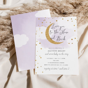 Invitación Te amo al Baby Shower morado de las estrellas de o