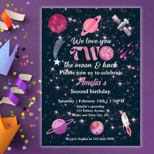 Invitación Te Amo Dos La Luna Niñas Rosa Cumpleaños 2