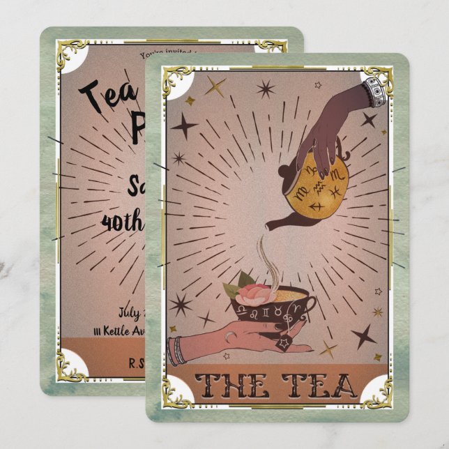 Invitación Té Antiguo y Bruja de la Tetera de Tarot Fiesta de (Anverso / Reverso)