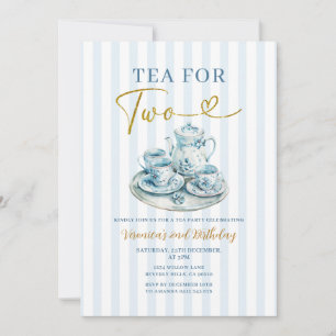 Invitación Té azul vintage para cumpleaños de niña con raya