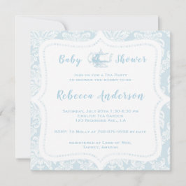 Invitación Té Baby Shower de Damasco azul claro vintage