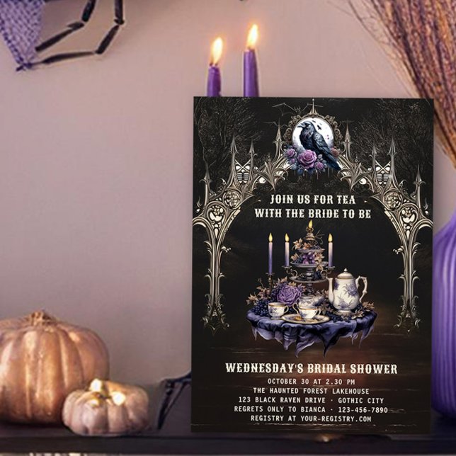 Invitación Té con la ducha de novia gótica (Tea with the Bride Gothic Halloween Bridal Shower Invitation by Darling & May)