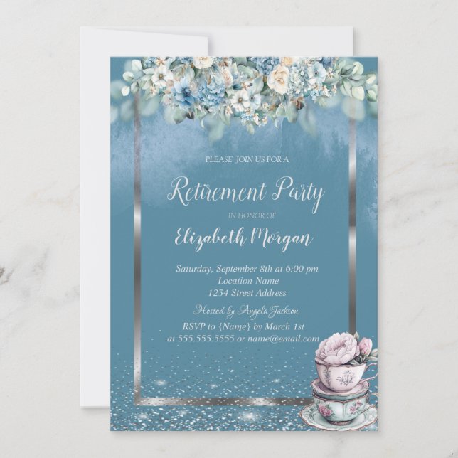 Invitación Té cup Dusty Blue Flowers (Anverso)