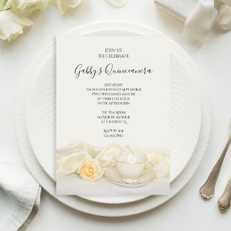 Invitación Té Cup y Fiesta de Quinceanera Rosa Blanca