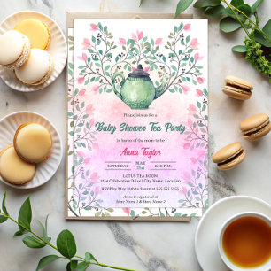 Invitación Té de Baby Shower Elegante Fiesta de Té Tetera Flo