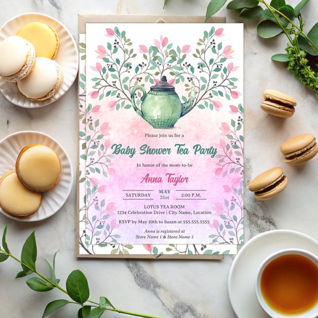 Invitación Té de Baby Shower Elegante Fiesta de Té Tetera Flo (Elegant baby shower tea party invitation with a teapot and floral design elements front and back.)