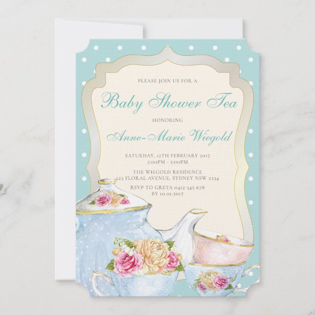 Invitación Té de Baby Shower Floral de Lujo con lunares (Anverso)
