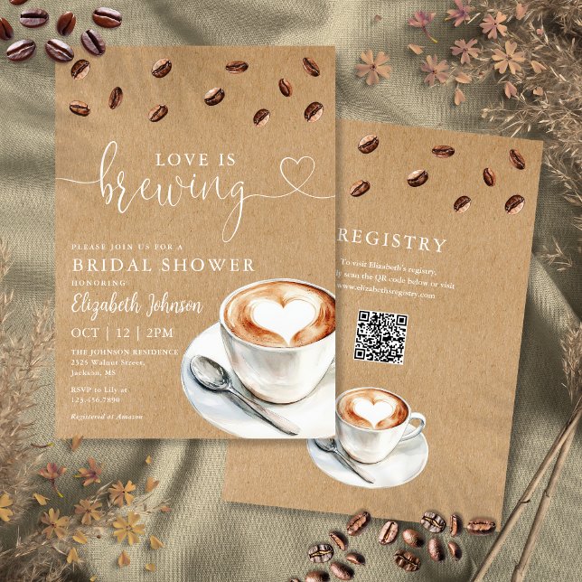 Invitación Té de Boda Código QR de Café Love Is Brewing (Love Is Brewing Coffee QR Code Bridal Shower Invitation)