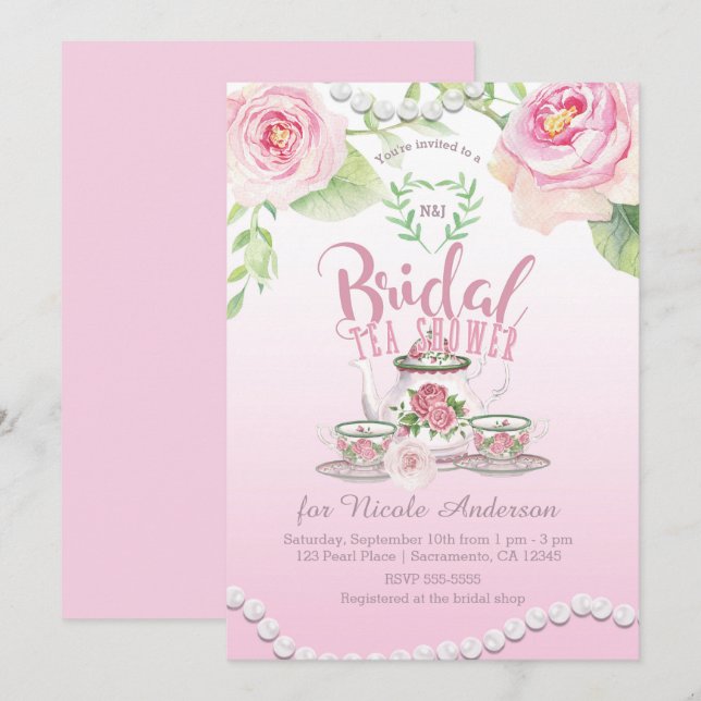 Invitación Té de Boda Elegante de Rosas Rosadas y Perlas (Anverso / Reverso)