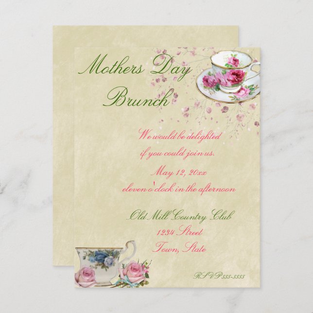 Invitación Té de bonito, Día de la Madre o Brunch Boda (Anverso / Reverso)