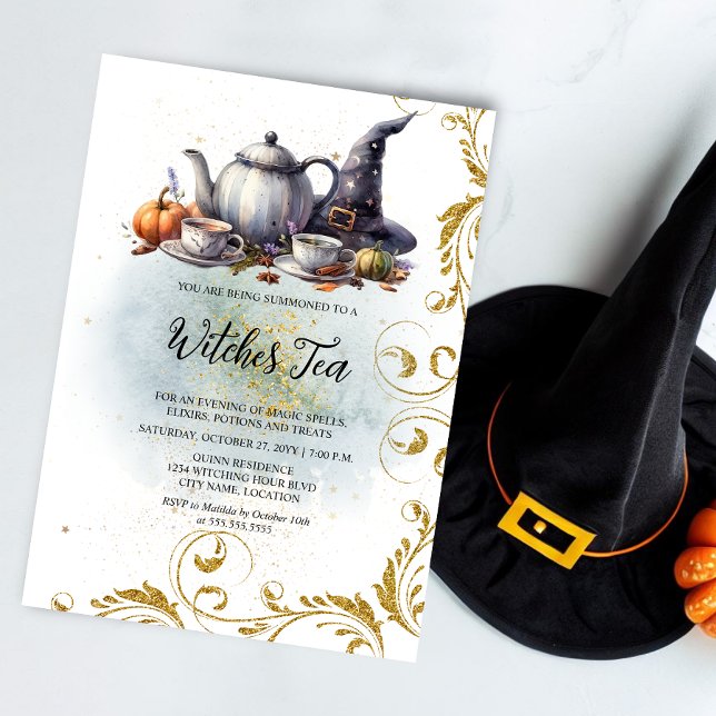 Invitación Té de brujas (Invite your witch friends to a fun witches tea with this elegant invitation.)