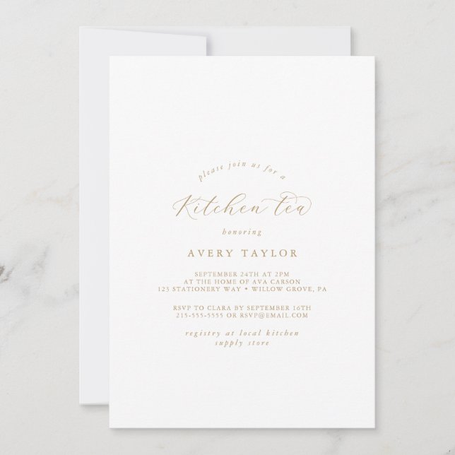 Invitación Té de cocina elegante con guión dorado (Anverso)