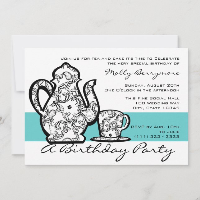 Invitación Té de cumpleaños con color cambiable (Anverso)