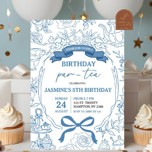 Invitación Té de cumpleaños Dusty Blue Chinoiserie