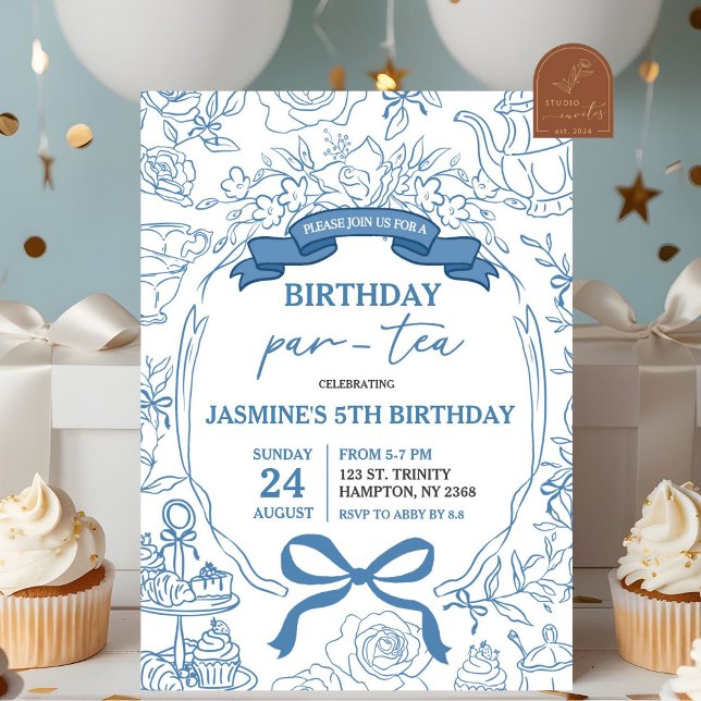 Invitación Té de cumpleaños Dusty Blue Chinoiserie (Subido por el creador)