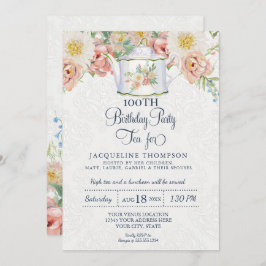 Invitación Té de cumpleaños, tetera elegante de arte floral r