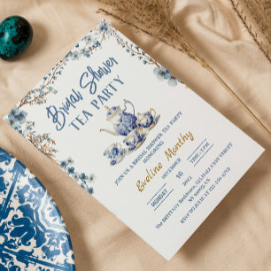 Invitación Té de Desayuno Bridal Shower Delft Azul Floral 