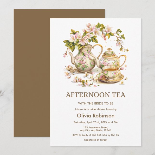 Invitación Té de Despedida de Soltera con Tetera Floral  (Anverso / Reverso)