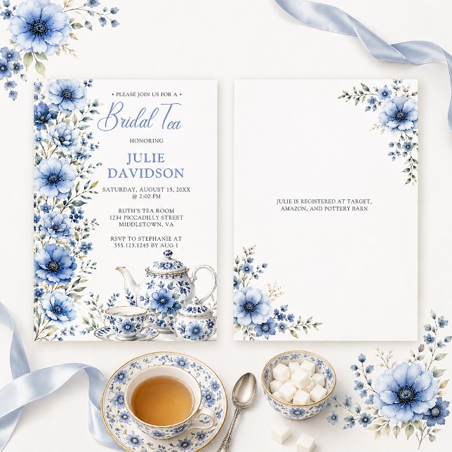Invitación Té de Despedida de Soltera Floral Azul Elegante | (Subido por el creador)