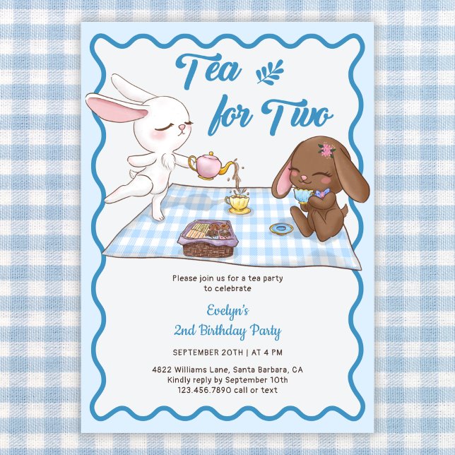 Invitación Té de dos años de edad Fiesta de té animal Segundo (Tea Party 2nd Birthday Invitation Cute Bunny Picnic Theme for Toddler Girl)