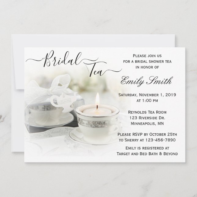 Invitación Té de ducha de novia con té blanco y plateado (Anverso)