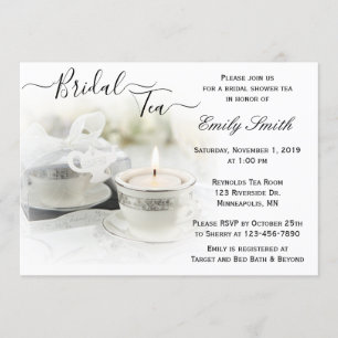 Invitación Té de ducha de novia con té blanco y plateado