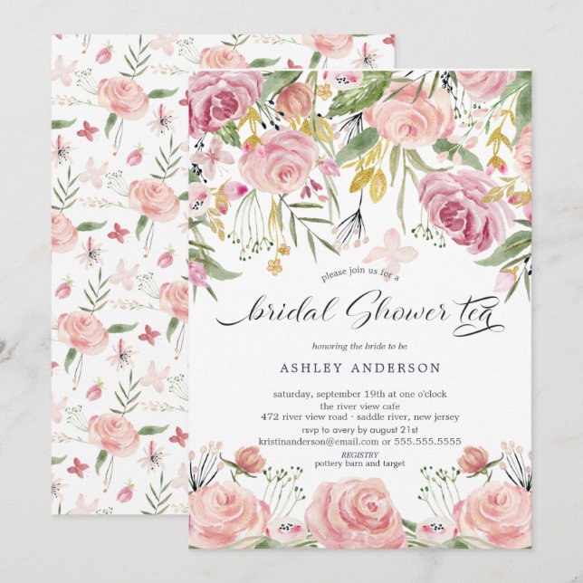 Invitación Té de ducha de novia floral rosa Rubor (Anverso / Reverso)