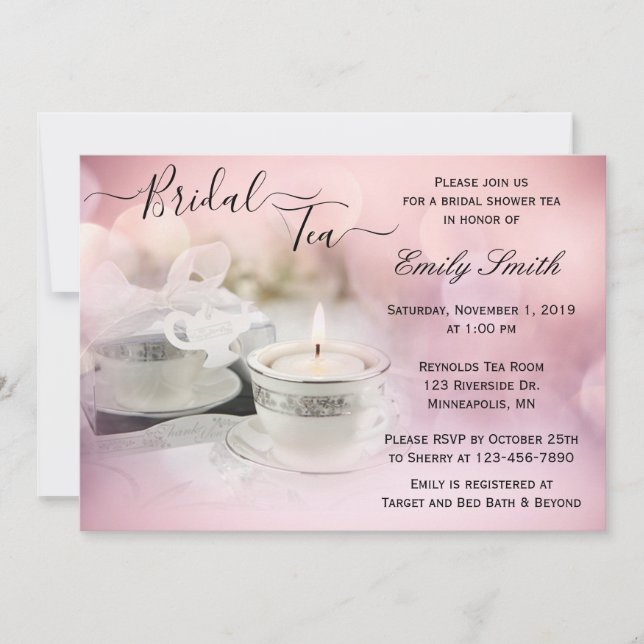 Invitación Té de ducha de novia rosa blanco y plateado (Anverso)