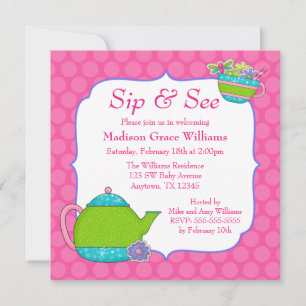 Invitación Té de flores y té rosado de polka
