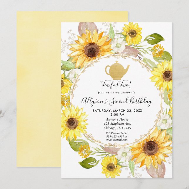 Invitación té de girasoles fiesta té para dos cumpleaños (Anverso / Reverso)