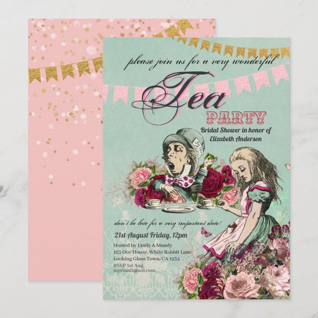Invitación Té de la Sombrerero Loco Alicia Fiesta de Despedid (Anverso / Reverso)