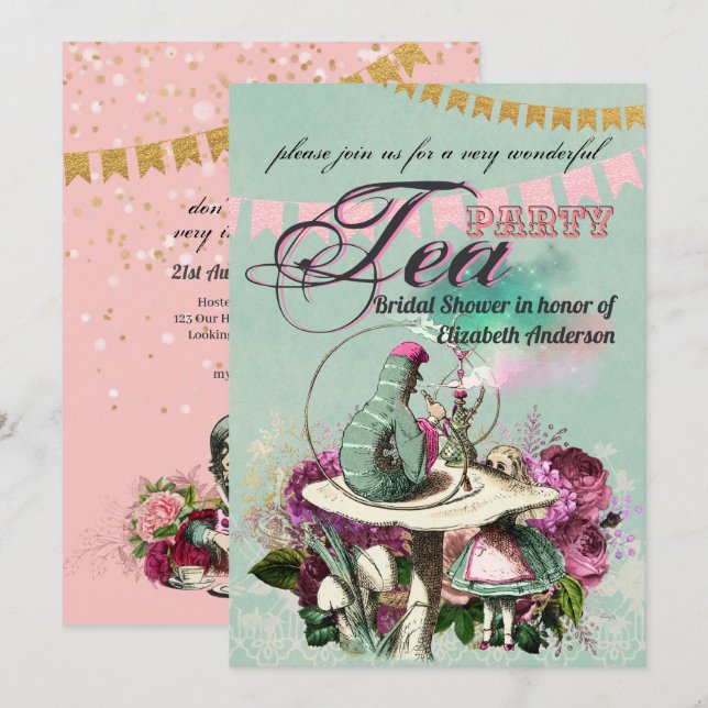 Invitación Té de la Sombrerero Loco Alicia Fiesta de Despedid (Anverso / Reverso)