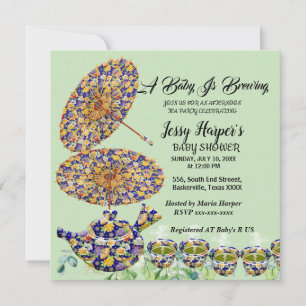 Invitación Té de la Tarde con Tetera Floral Azul Fiesta de Ba