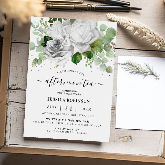 Invitación Té de la tarde de rosas blancas y follaje de eucal (Subido por el creador)