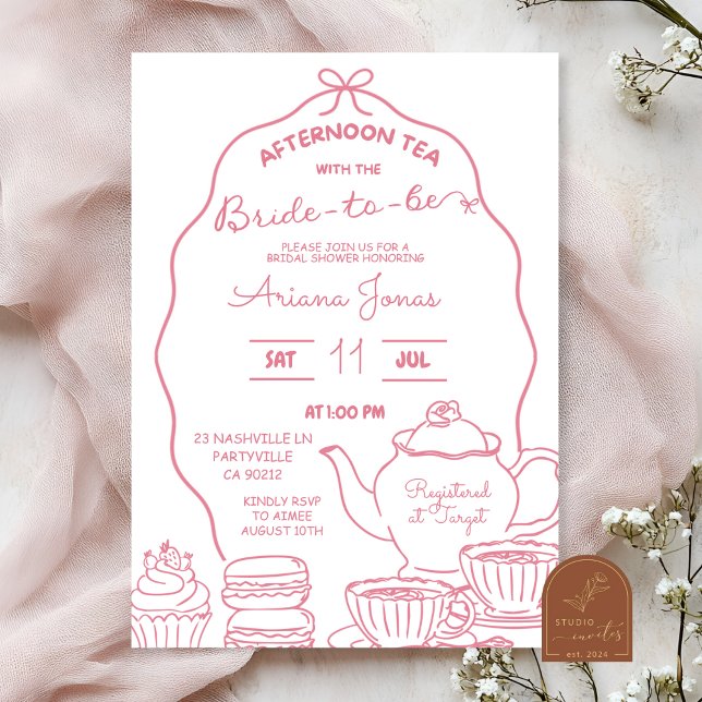 Invitación Té de la tarde de shower nupcial con lazo rosa a m (Subido por el creador)