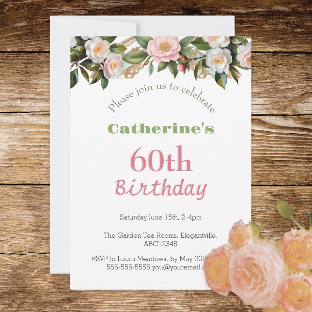 Invitación Té de la Tarde para Fiesta de Cumpleaños 60 Floral (A stylish invitation for a 60th birthday party, with pink roses design)