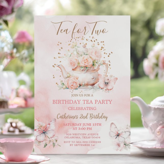 Invitación Té De Mariposa Para Dos Fiestas De Té Rosado Cumpl (Subido por el creador)