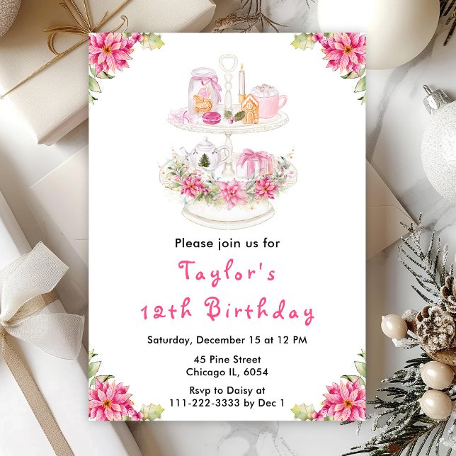 Invitación Té de Navidad de Cumpleaños Fiesta Rosa (Subido por el creador)