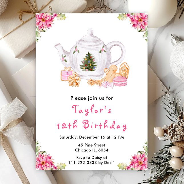 Invitación Té de Navidad de Cumpleaños Fiesta Rosa (Subido por el creador)
