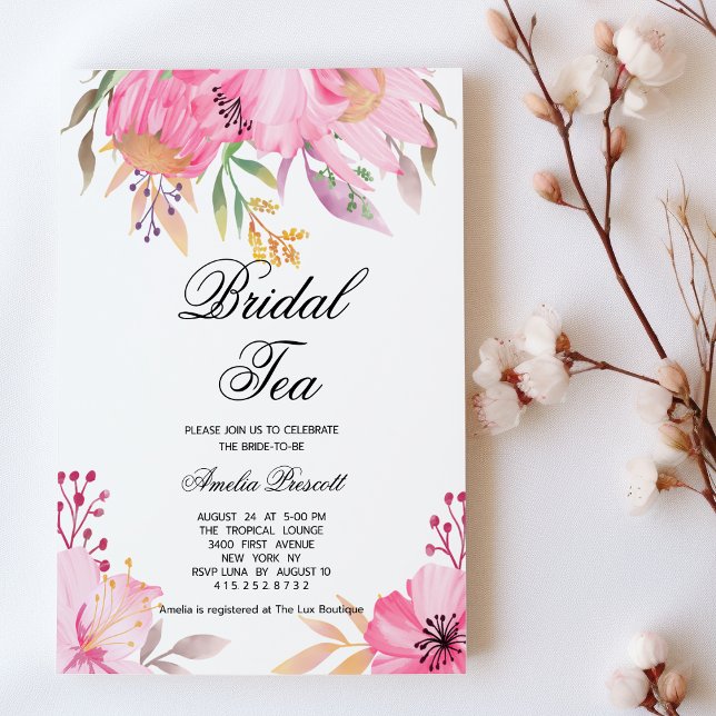 Invitación Té de novia con flores rosadas fiesta Bridal Showe (Pink floral bridal tea party Bridal Shower )
