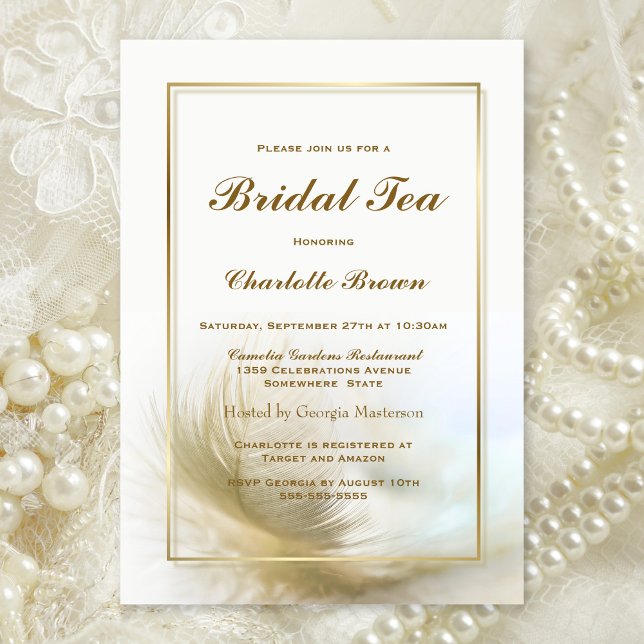Invitación Té de novia elegante pluma de oro (Subido por el creador)