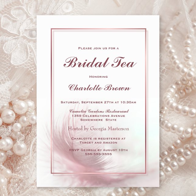 Invitación Té de novia elegante y turbio de pluma rosa (Subido por el creador)