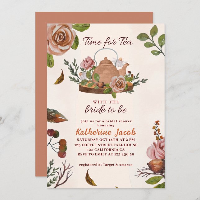 Invitación Té de novia fiesta otoño floral Bridal Shower (Anverso / Reverso)