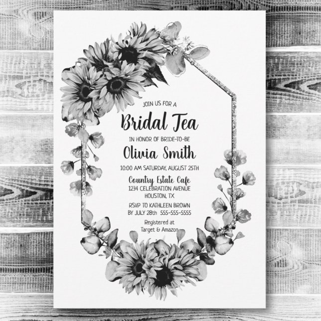 Invitación Té de novia floral de girasol negro y blanco (Subido por el creador)