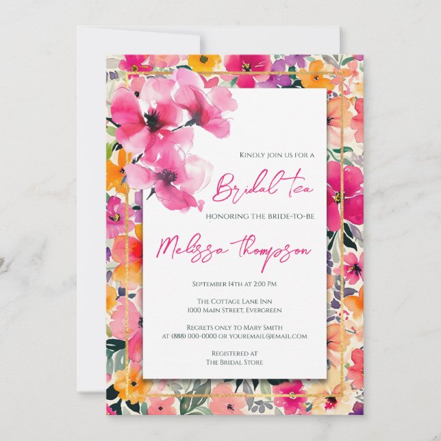 Invitación Té de novia floral, ducha de novia (Anverso)